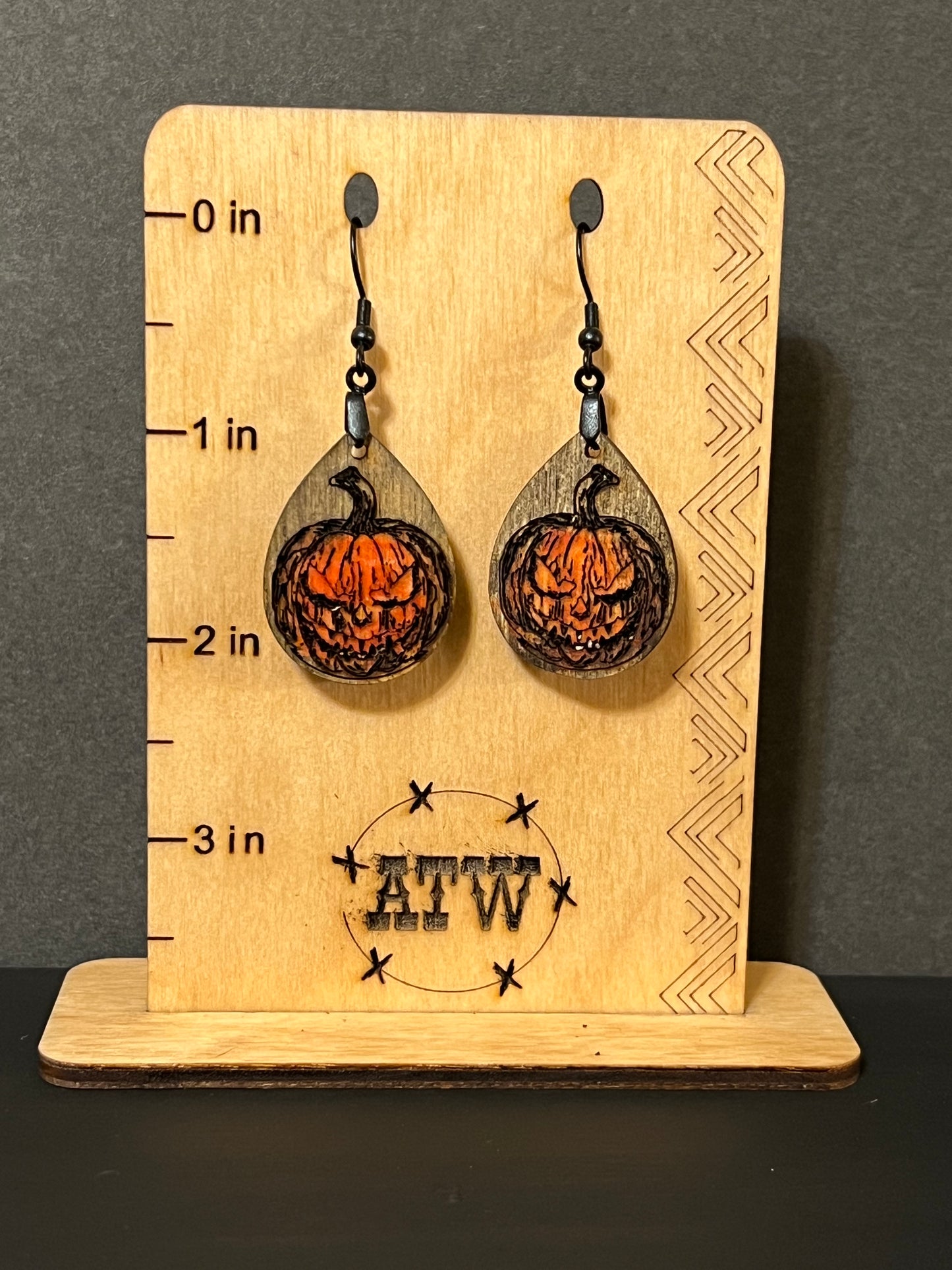 Hand Painted Wood Dangle Angry Pumpkin Halloween Earrings