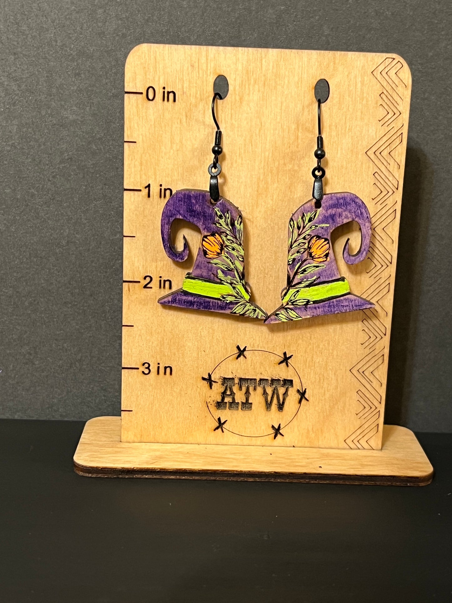 Hand Painted Wood Witch Hat Dangle Halloween Earrings