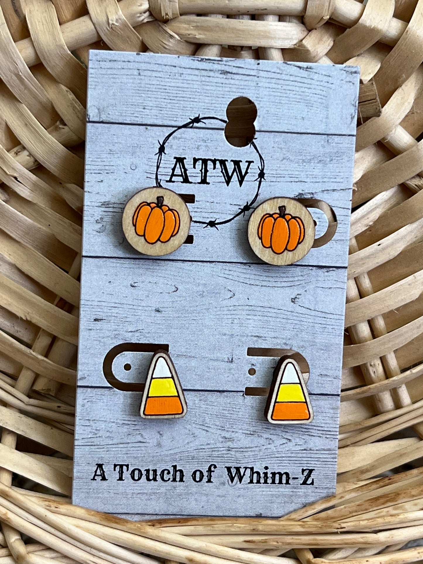 Bright Colored Fall and Halloween Twin Pack Wood Stud Earrings