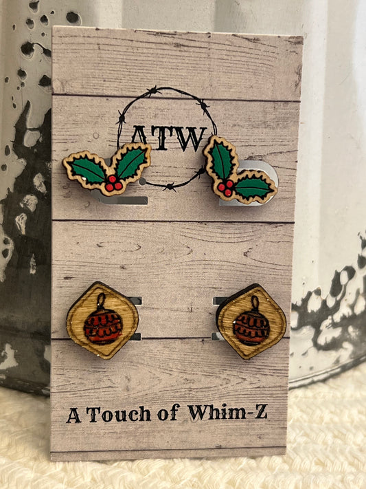 Twin Pack of Hand-painted Wood Holly Berry and Christmas Tree Ornament Earrings