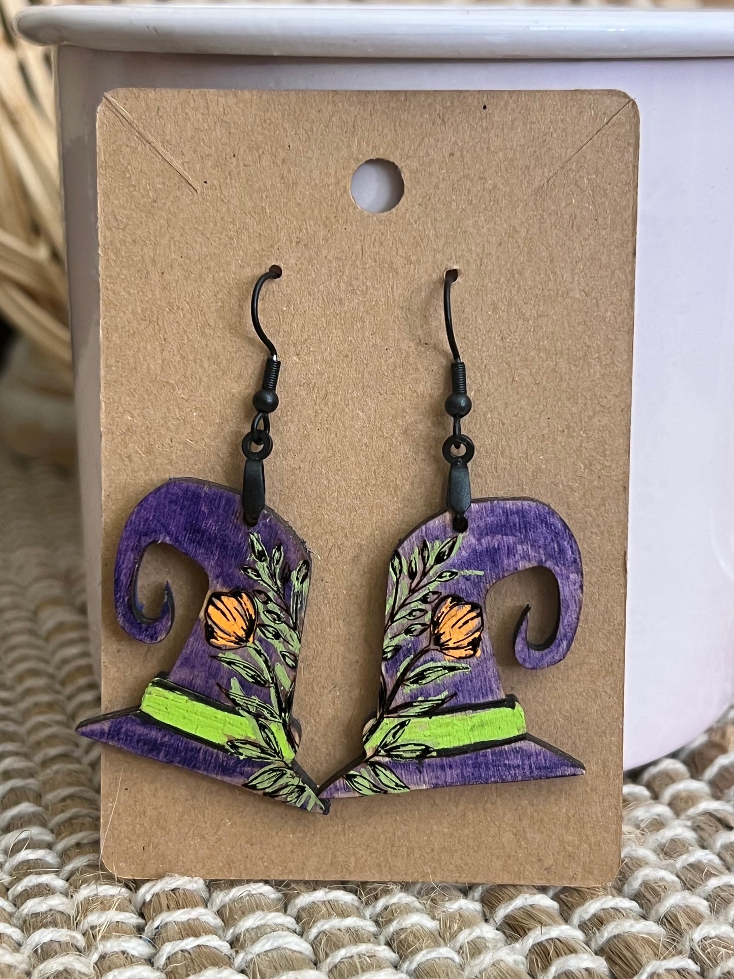 Hand Painted Wood Witch Hat Dangle Halloween Earrings