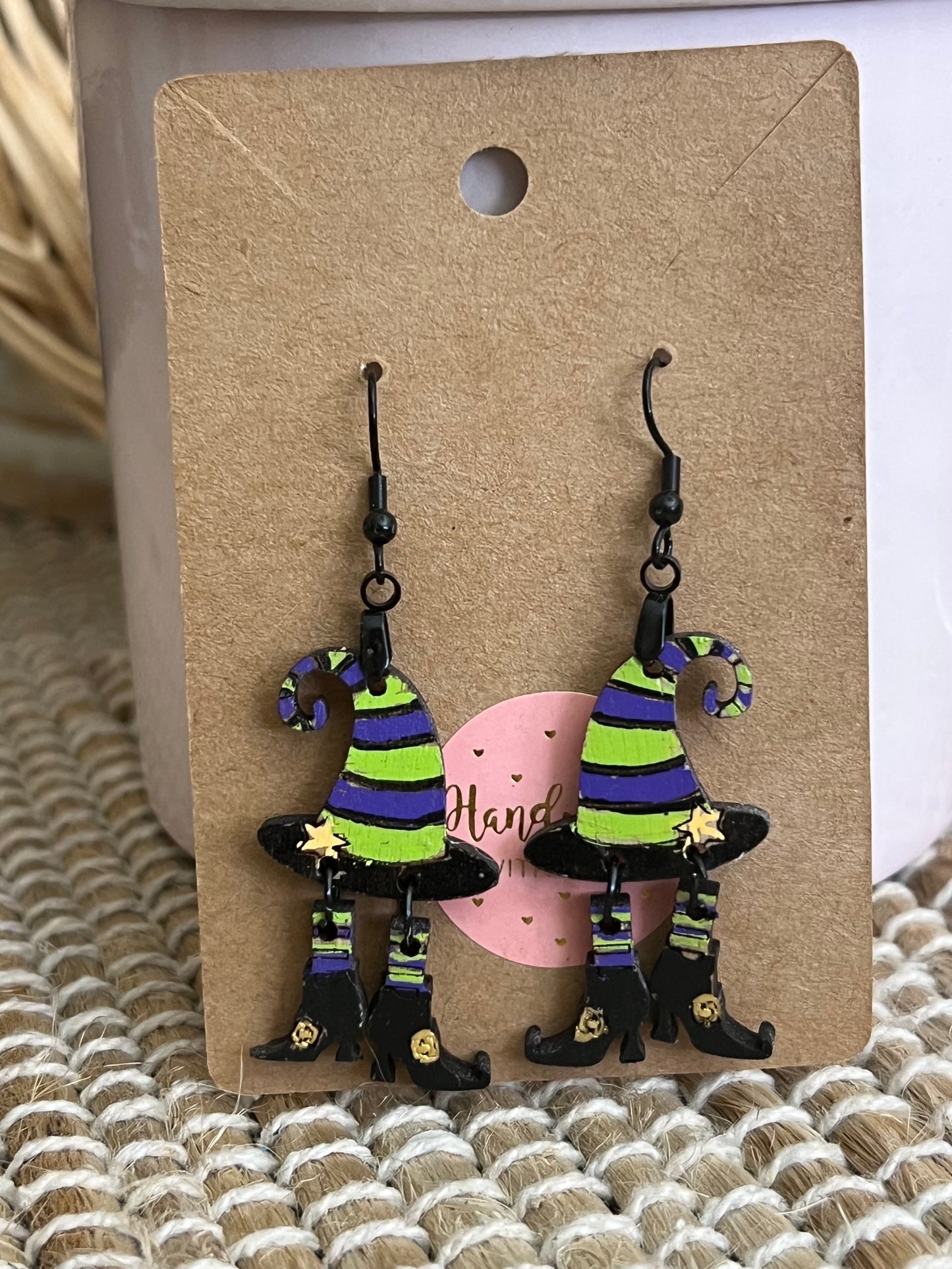 Whimsical Wood Witch Hat and Legs Dangle Earrings for Halloween