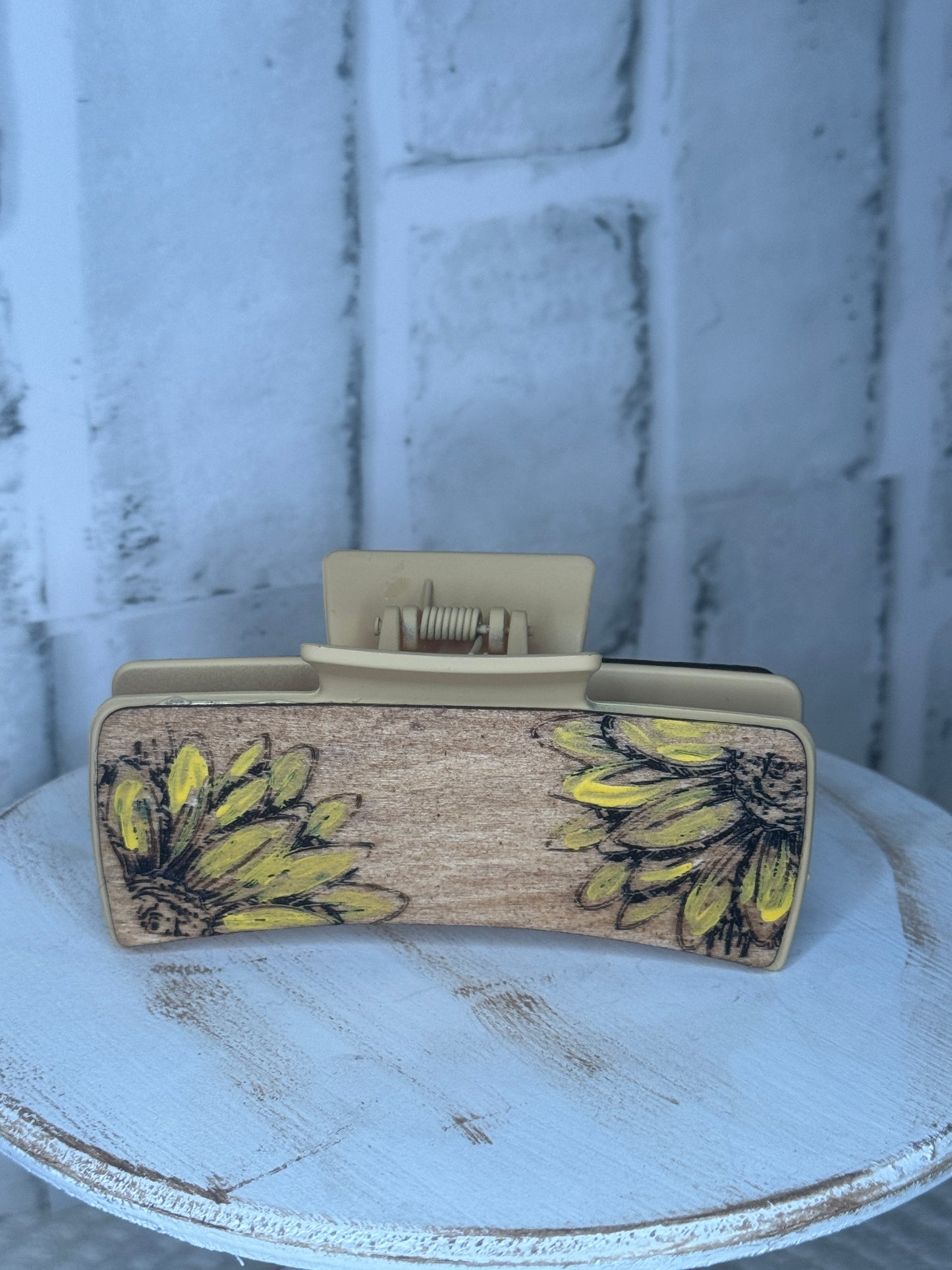 One of a Kind Hand-painted Sunflower Wood Cover Hair Clip