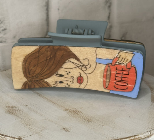 Coffee Lovin Lady Wood Cover Hair Claw