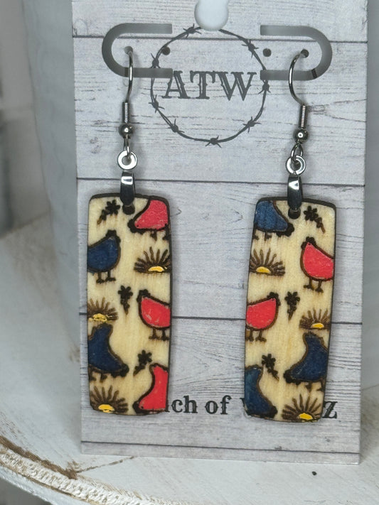 Chickens and Sunrise Bar Dangle Earrings